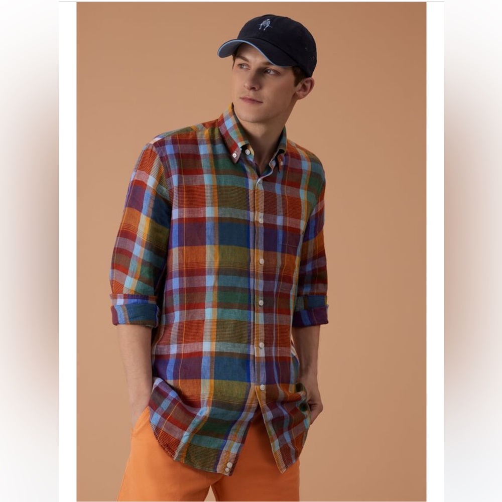 Paul Stuart Linen Plaid Shirt L